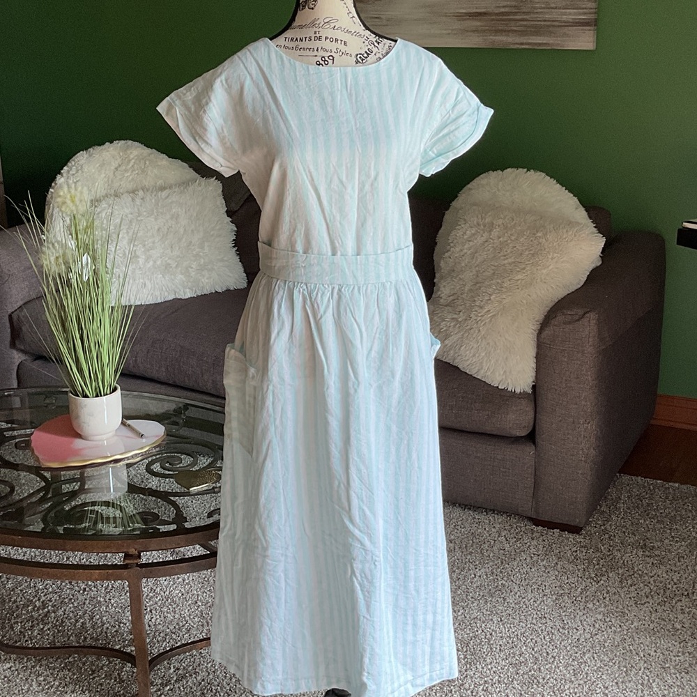 Chic White and Turquoise Green Striped Maxi Dress, Size 8